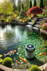 DALL·E 2025-03-03 16.09.18 – A beautifully landscaped garden pond with crystal-clear water, surrounded by lush greenery and colorful flowers. The pond features an Oase pond filter