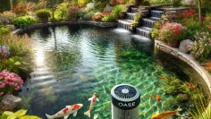 DALL·E 2025-03-03 16.09.18 – A beautifully landscaped garden pond with crystal-clear water, surrounded by lush greenery and colorful flowers. The pond features an Oase pond filter