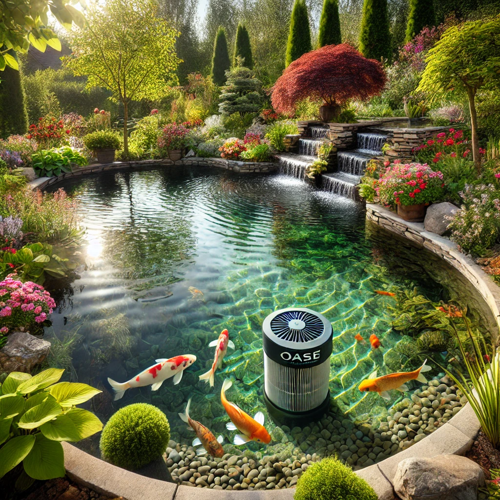 DALL·E 2025 03 03 16.09.18 A beautifully landscaped garden pond with crystal clear water surrounded by lush greenery and colorful flowers. The pond features an Oase pond filter