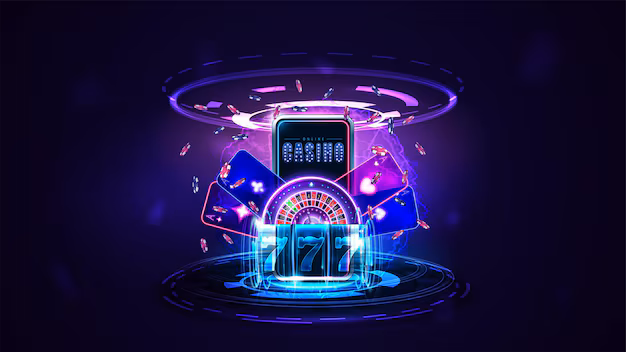 online casino banner with smartphone shine neon casino roulette wheel playing cards blue neon shine slot machine poker chips dark scene with hologram digital rings 7993 7562